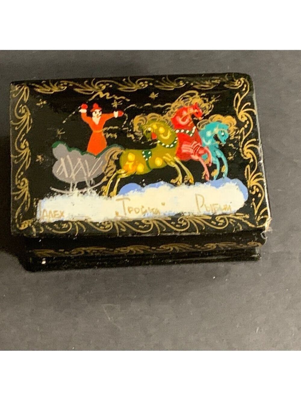 Signed Decor Black Gold Hand-Painted Russian Lacquer Box One Size